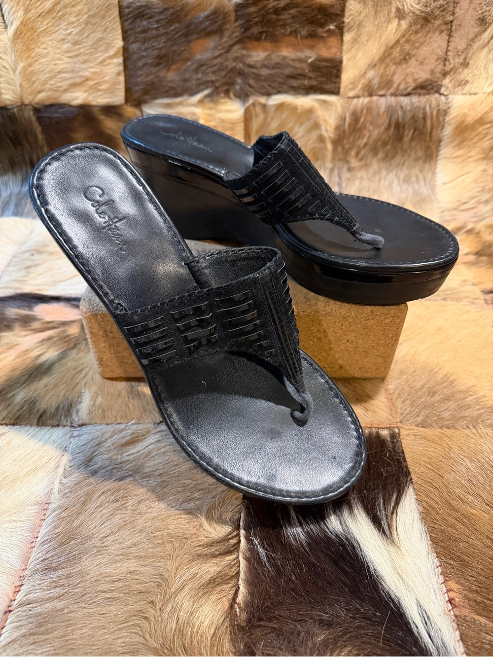 Cole Haan Black Woven Thong Wedge Sandals